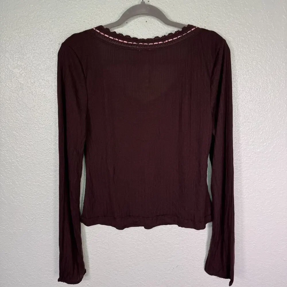 Free People Intimately Top Womens Large Only You Long Sleeve Lace Ribbed Layer